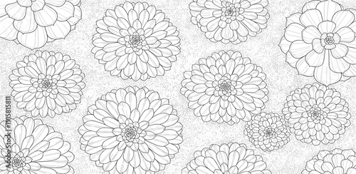 A collection of intricately drawn flowers scattered across the page, showcasing various floral patterns and designs from a top-down viewpoint.