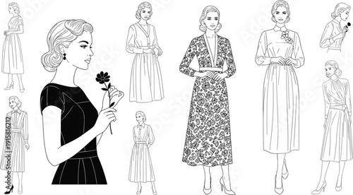 Collection of woman fashion illustrations showcasing various dress styles and accessories from different viewpoints