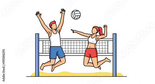 Beach volleyball players spiking ball over net for summer competition and active lifestyle concept
