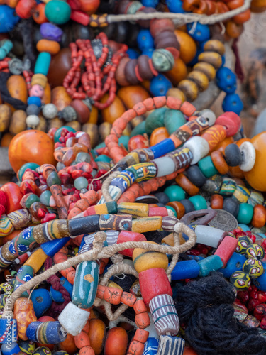 Moroccan handmade crafts, tetile, ceramics on the street market in medina of  Essaouira, Morocco