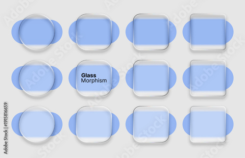 Glass morphism elements with round and square shapes for user interface design. Trendy UI concept.