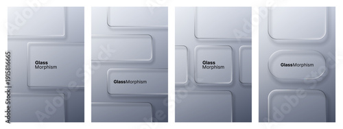 Set of liquid glass morphism blank shapes on a grey background. Abstract UI elements for modern product design and graphic advertisement.