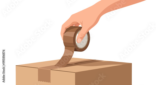 Hand holding tape dispenser sealing a cardboard box for moving or shipping