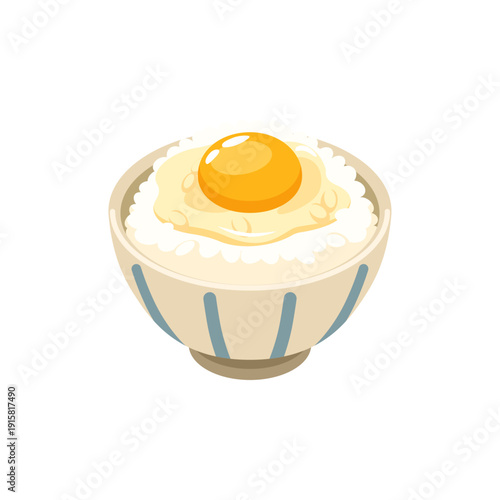 Tamago kake gohan - flat vector illustration, Japanese egg rice bowl