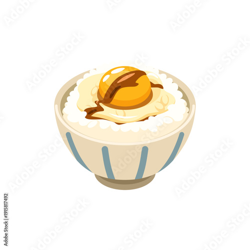 Tamago kake gohan with soy sauce - flat vector illustration, Japanese egg rice bowl