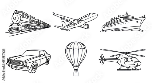 Black and white line art illustrations of various transportation types including train, airplane, cruise ship, car, hot air balloon, and helicopter for design and educational use