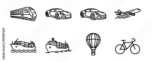 Black and white line art icons of various transportation modes including train, sports car, airplane, cargo ship, hot air balloon, and bicycle, ideal for apps and websites