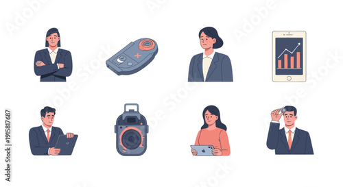 Business professionals with gadgets and technology icons in modern flat style perfect for presentations and digital content