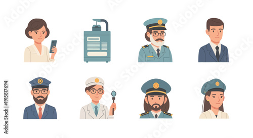 Cartoon portraits of male and female police officers and detectives in uniform with badges, magnifying glass, and radio communication devices