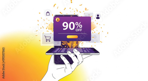 A hand presenting a smartphone with a large 90% off promotional offer appearing as a pop-up, surrounded by digital icons and celebratory confetti.
