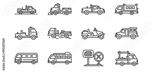 Set of 12 black outline transportation icons including trucks, vans, scooter, tow truck and traffic signage for automotive and logistics design