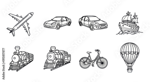 Set of black and white line drawings of various transportation modes including airplane, cars, ship, trains, bicycle, and hot air balloon for versatile design projects