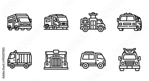 Outline icons of various trucks and vans including camper, police, garbage, and delivery vehicles, perfect for transport and logistics design projects