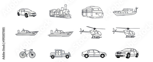 Set of black and white transport icons including cars, train, boat, helicopter and bicycle line art illustrations, perfect for transportation and travel projects
