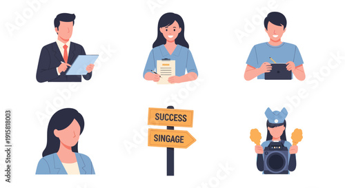 Businesspeople and success signpost illustration set showing professional office workers and achievement concept, ideal for corporate and motivational use
