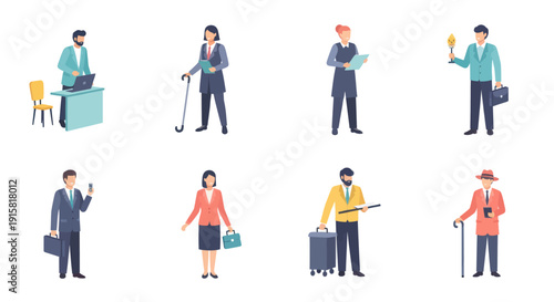 Business people in various professional roles and poses including working, presenting, traveling, and holding awards, ideal for corporate and office themes