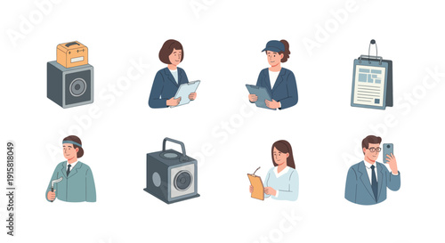 Set of professional characters including engineers and office workers with tools and clipboards, suitable for business and technical presentations