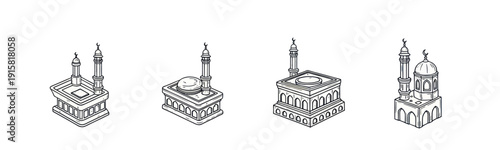 Hand-drawn black and white mosque architecture icons with minarets and domes, Islamic religious buildings vector illustration ideal for cultural or religious use