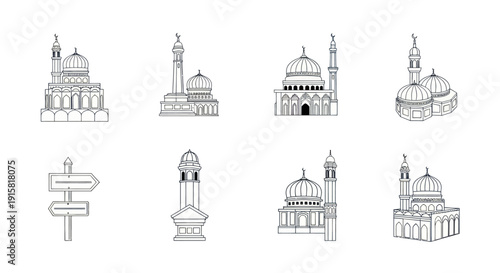 Hand-drawn mosque illustrations and directional sign icons set, Islamic architecture sketch collection perfect for religious or cultural design projects