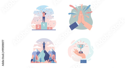 Success and achievement concept illustrations with winner on podium, mountain top, trophy and high five, ideal for motivational and business use
