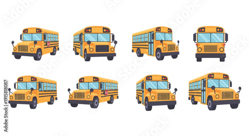 Set of yellow school bus illustrations showing different angles and perspectives for education and transportation design projects