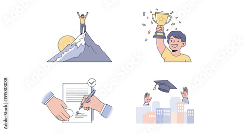 Success concept illustrations featuring achievement, trophy celebration, contract signing, and graduation cap toss for business and education use
