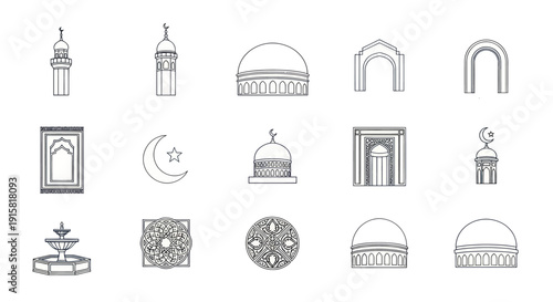 Islamic architecture icons set including mosques, minarets, arches, crescent moon star, fountain, patterned tiles and prayer rug outlines