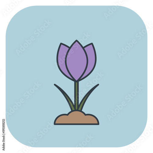 Simple purple flower icon growing from soil on blue background. Vector illustration for spring design