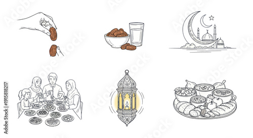 Ramadan tradition illustrations with family iftar meal, dates, lantern, crescent moon mosque silhouette, and food platter, ideal for Islamic holiday content