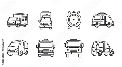 Set of black outline emergency and utility vehicle icons including ambulance, fire truck, police car and siren, ideal for safety and rescue designs