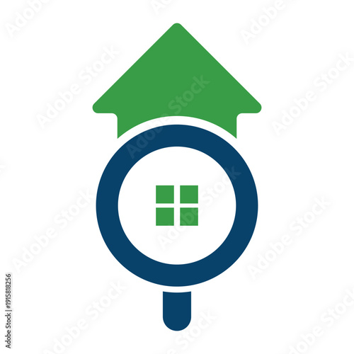 Home Search Icon With Green Roof and Magnifying Glass Symbol For Real Estate and Housing.