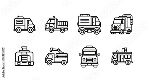Set of various service utility vehicles icons in line style including truck, ambulance, delivery, and maintenance trucks for commercial use and design