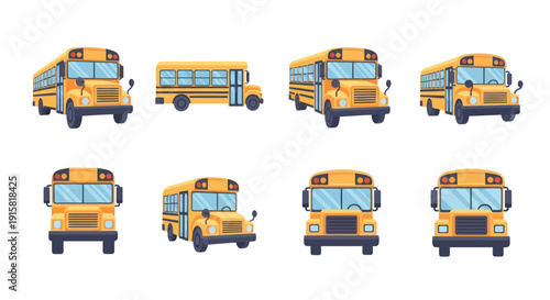 Set of yellow school bus illustrations showing multiple angles and views for education and transportation design projects