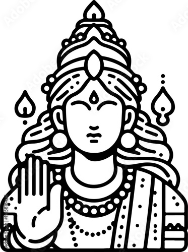 Detailed Minimalist Vector Illustration of Hindu God Vishnu or Lakshmi Seated in Padmasana Pose, Surrounded by Lotus Flowers and Ornate Archway 