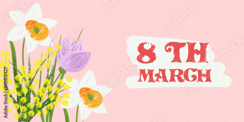 Bright 8 March floral Banner with Kid crayon hand-drawn spring flowers, daffodil, mimosa, crocus flowers. Childrens Chalk Drawing for greeting card, banner, social media, marketing promotion 