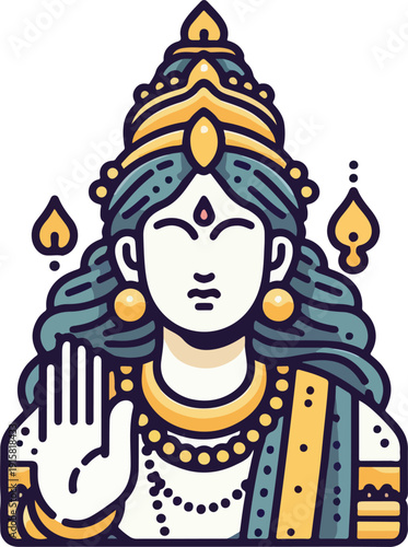 Detailed Minimalist Vector Illustration of Hindu God Vishnu or Lakshmi Seated in Padmasana Pose, Surrounded by Lotus Flowers and Ornate Archway