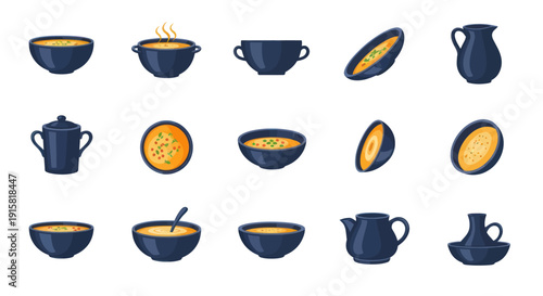 Vector set of dark blue soup bowls, pots, jugs, and pitchers filled with creamy vegetable soup, ideal for food menus and cookbook illustrations