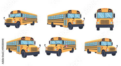 Yellow school bus illustrations set showing multiple angles with stop sign for education and transportation design