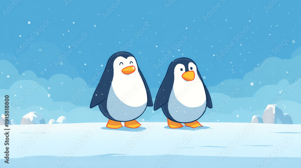 Obraz premium Cute cartoon penguins standing together in a playful illustration