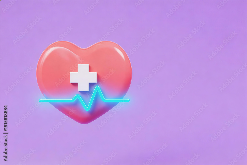 Obraz premium 3D rendered illustration of a pink heart with a white cross and blue EKG line, set against a purple background. Represents medical care, healthcare, and vital signs.