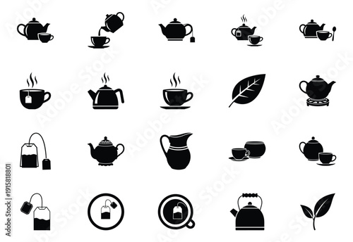 Tea time icons collection including teapots cups tea bags and natural leaf art