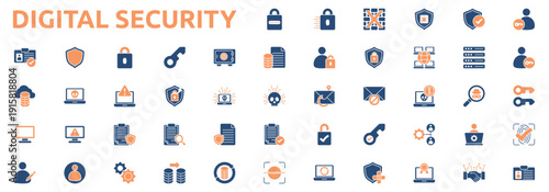 Digital Security icon set two color style with password, encryption, firewall, antivirus, secure, login, logout, two factor, biometric, identity, authentication icons