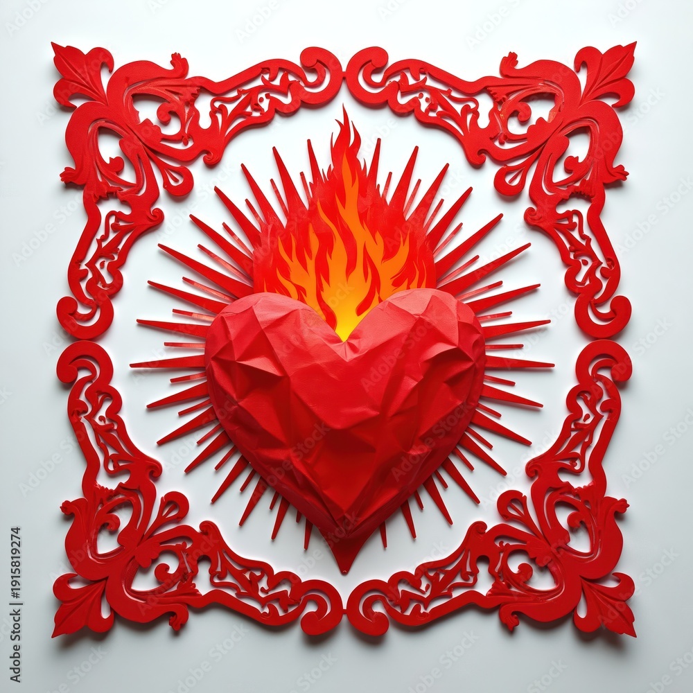 Fototapeta premium Red sacred heart with flames and ornate border. This sacred heart decoration looks like papel picado. Used for Day of Dead, Mexican holiday, or religious event.