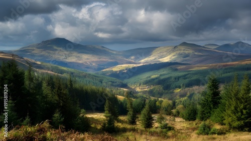  Breathtaking isolated, serene, unpopulated landscape showcasing Galloway Forest Park – Known for dark skies, forests, and rolling hills