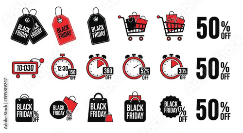 Collection of Black Friday shopping and discount icons including tags, carts, bags, and percentage off timers.