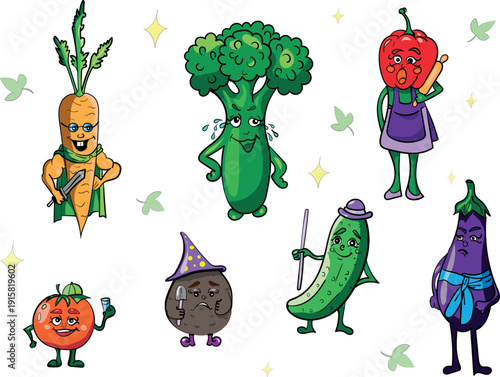 Funny vegetable cartoon characters set, generative AI reference. Cute broccoli, carrot superhero, tomato wizard and eggplant illustration.