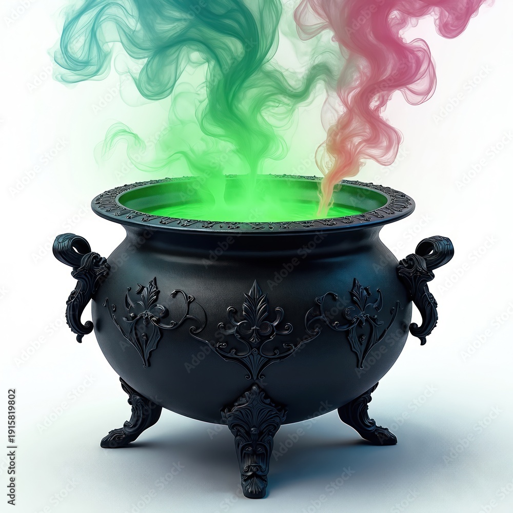 Obraz premium Black cauldron bubbles with green liquid. Pink and green smoke rises from magical potion. Witches brew simmers in mystic pot. Fantasy brew pot with ornate legs.