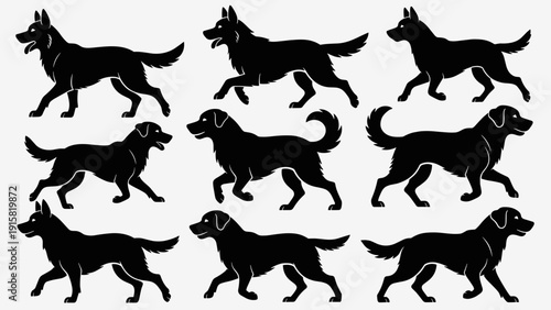 Set of Black Vector Silhouettes of Dogs Running, German Shepherd and Golden Retriever Shadows in Motion, Side View Animal Shapes Isolated for Logo Design or Animation.