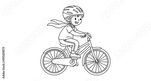 Joyful child wearing a helmet rides a bicycle with a scarf flowing in the wind