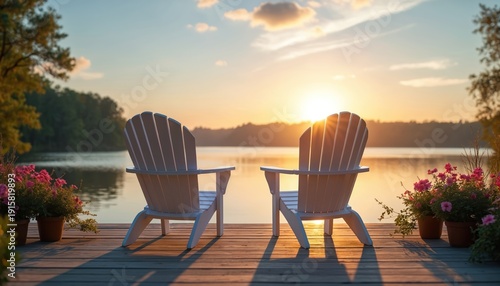 Two white adirondack chairs on wooden deck by lake at sunset. Peaceful water view with trees and flowers. Ideal for relaxation and vacation themes.